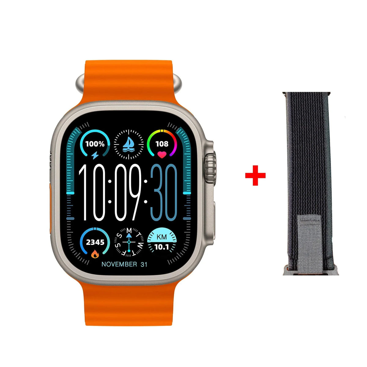 Orange trail scene with KIWITIME HK9 Ultra 2 Max smartwatch displaying 2.02" AMOLED screen and support for local music and TWS.